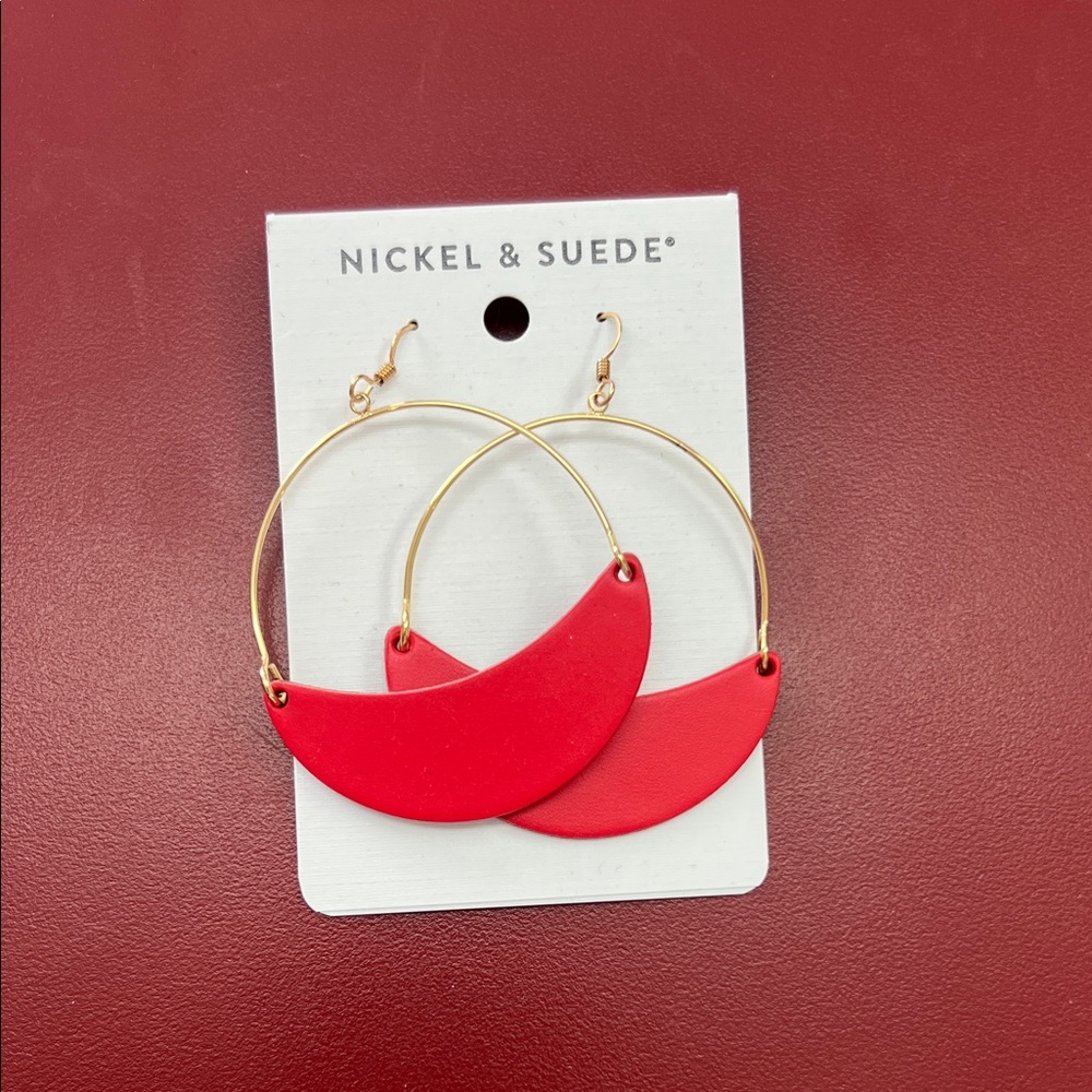 Nickel & Suede Red Crescent Hoop Earrings